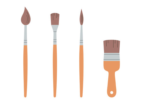 Paint brushes set. Drawing tools for artist. Paintbrushes with different shapes. Art supplies. Flat vector illustration isolated on white background.