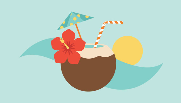 Refreshing tropical coconut cocktail decorated with an umbrella, straw, and hibiscus flower against ocean waves.