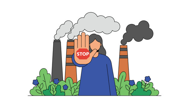 Young woman makes a stop hand gesture in front of smoking factory chimneys representing environmental protection.