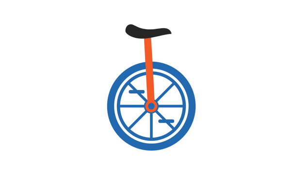 Minimalist graphic illustration of a blue and orange unicycle with pedals isolated on a clean white background.