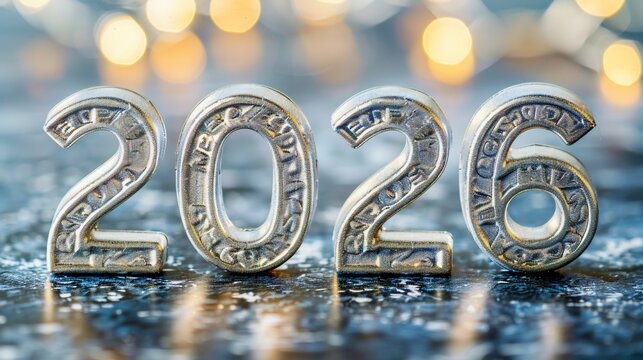 Metallic "2026" figures, ornate, reflecting light, with blurred bokeh background, celebrating the new year