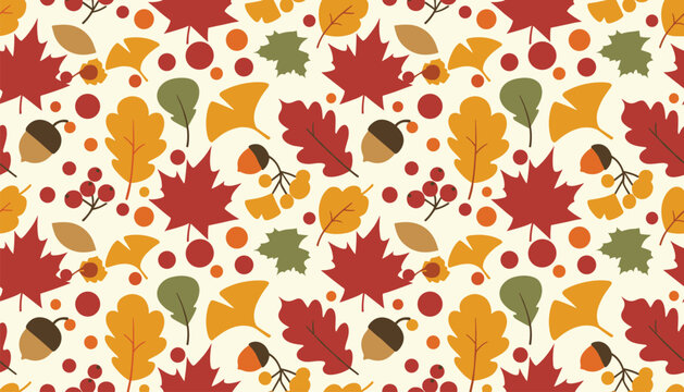 Seamless pattern of autumn foliage featuring oak leaves, maple leaves, acorns, and berries on a cream background.