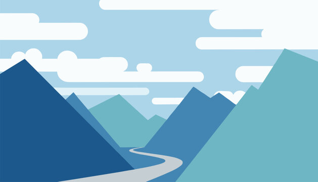 Scenic flat illustration of a winding grey road cutting through magnificent blue and teal mountain ranges under clouds.