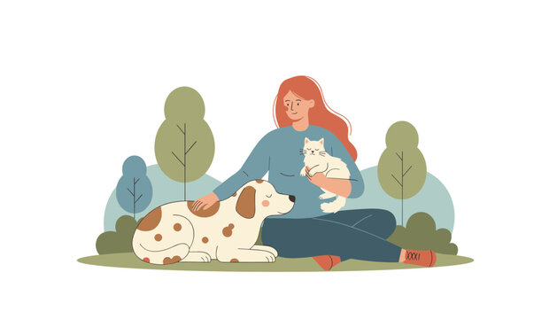 Happy red-haired woman sits peacefully in a grassy park while petting a spotted dog and holding a white kitten.