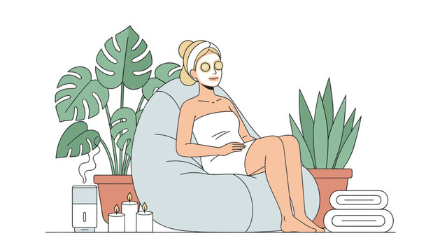 Young woman wearing a facial clay mask and white towel relaxes on a cozy bean bag chair in a tranquil spa environment.