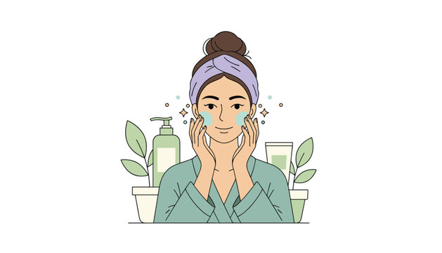 Young woman applying gentle skincare cleanser on her face with organic beauty products in the background.