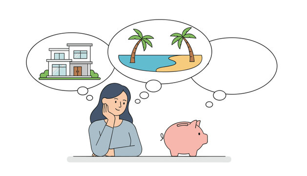 Young woman planning her future budget while thinking about a new house, beach vacation, and piggy bank.