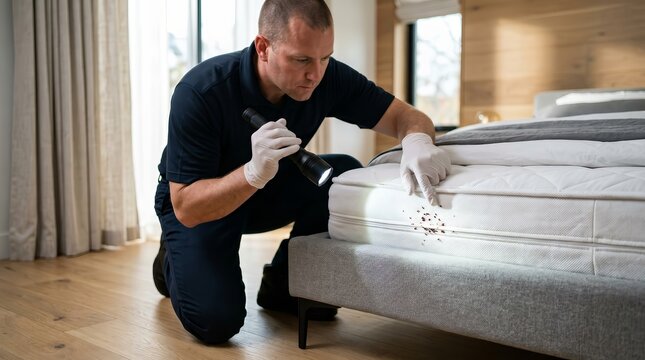 Professional pest control service inspecting bed bug infestation on a mattress.