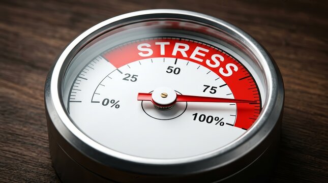 A meter gauge showing high levels of stress at 100 percent.