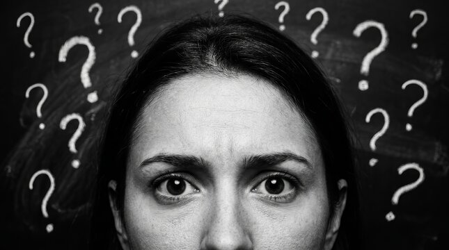 Brunette girl pondering about unsolved problems with question marks drawn around her head.