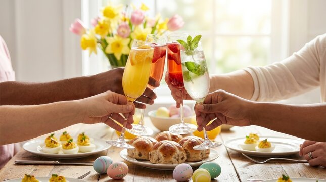 Friends toasting festive drinks at a beautifully decorated Easter brunch table.