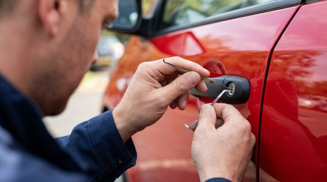 A professional locksmith using a lockpicker to open a red car door.
