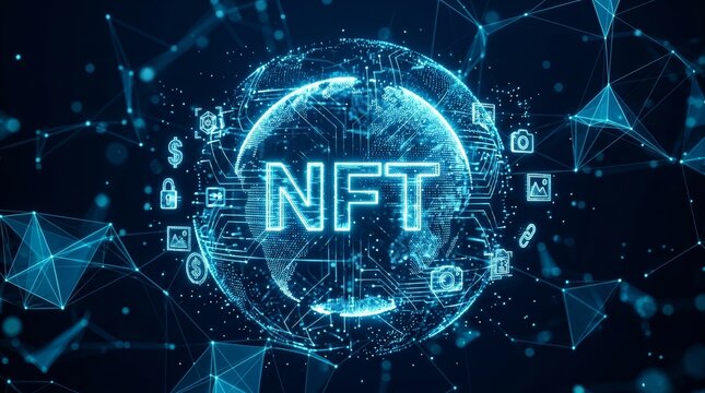 Non-fungible token NFT hologram on a virtual digital screen with a network circuit and globe.