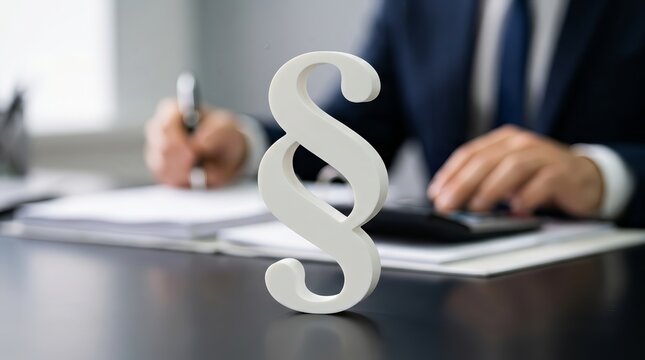 A close-up of a white paragraph symbol on a desk with legal documents.