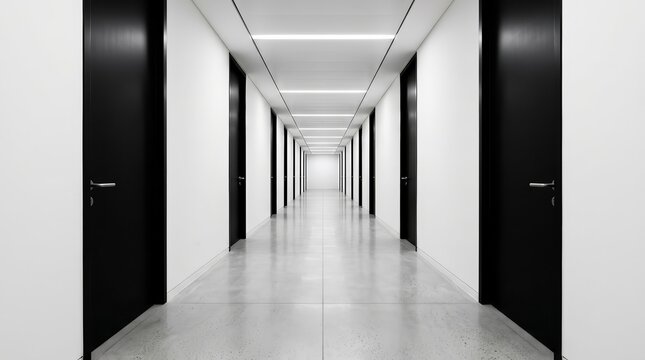 Modern minimalist long corridor with closed black doors.