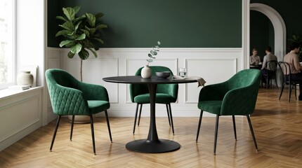 Fototapeta premium A black round table set in a modern green and white cafe.