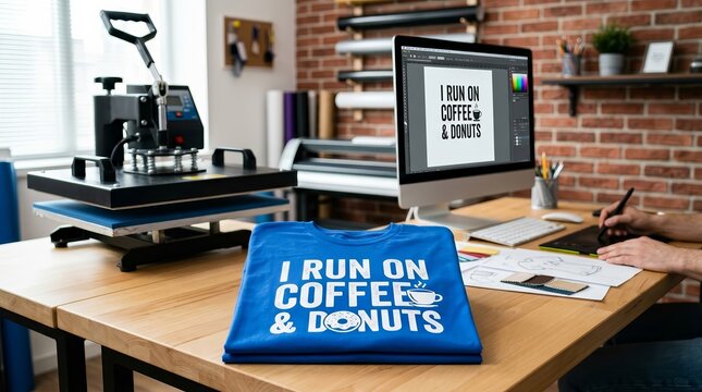 Professional heat transfer t-shirt printing process in a design studio