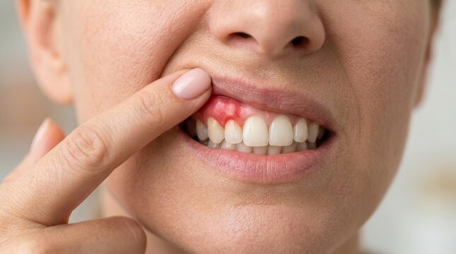 A woman showing the swelling of her gum with her finger.