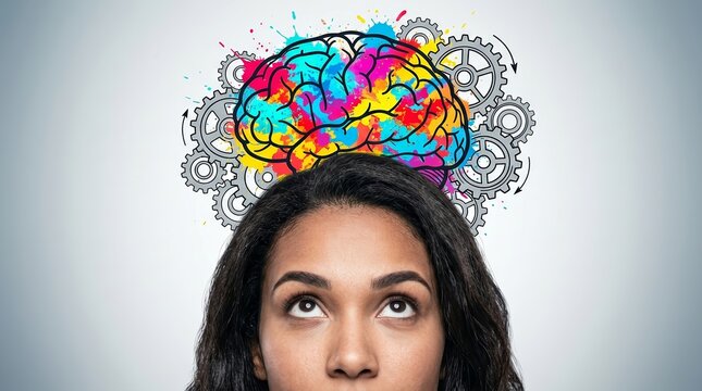 Conceptual illustration of a woman's head with a colorful brain and cogs.