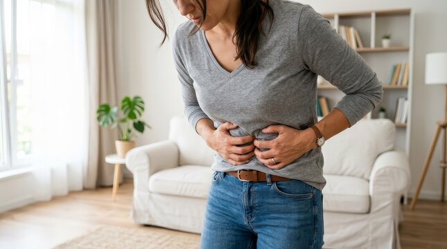 A woman suffering from intense stomach pain in a bright living room.