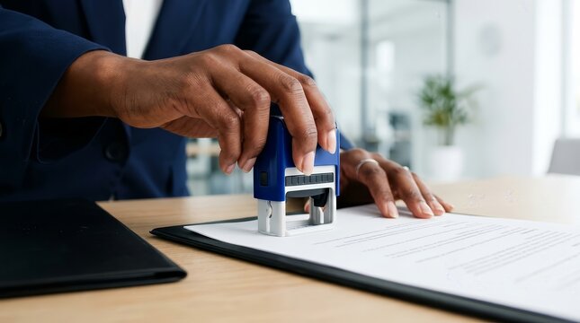A professional businesswoman putting a stamp on important documents.