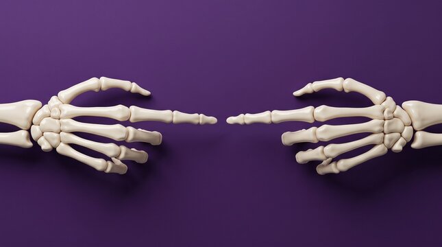 Two human skeleton hands pointing at each other against a solid dark purple background for halloween concept