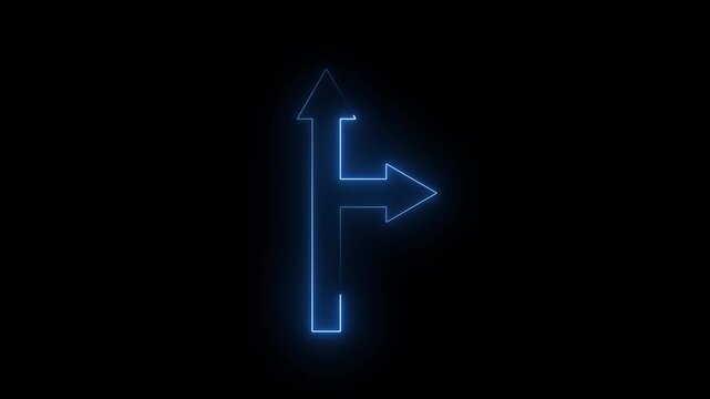 Glowing Blue Neon Arrow Splitting into Two Directions Animation, Futuristic Navigation Pointer Symbol Loop, Modern Digital Technology Choice and Decision Concept Motion Graphics on Black Background.