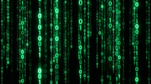 Green matrix digital binary code falling in vertical lines.
