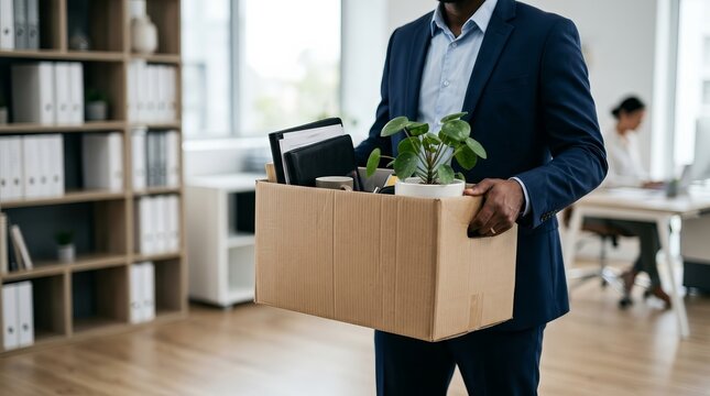 A fired employee holding a cardboard box filled with personal belongings.