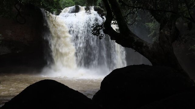 The beautiful nature backdrop of the Haew Narok waterfall in Khao Yai National Park is a stunning feature of the forest and a popular destination for tourists.