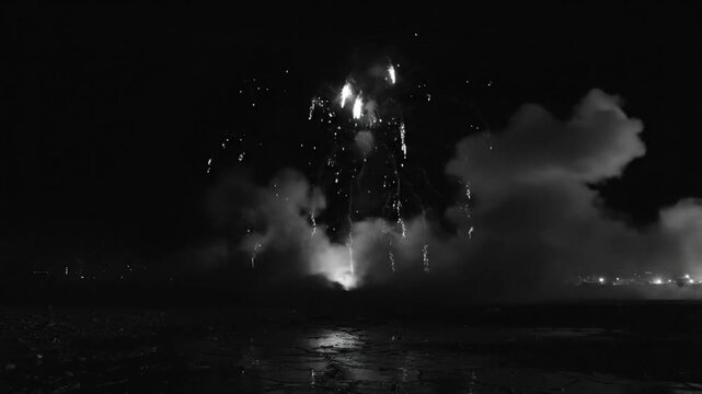 Black and White Firework Display Illuminated by a Bright Explosion Over the Water