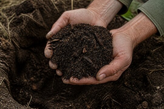 Pair of hands holding rich compost soil above planting hole