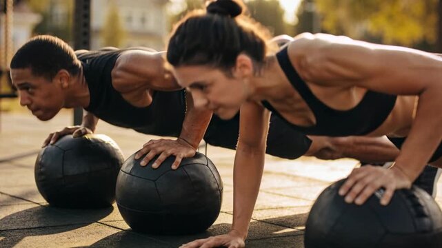Starting plank, pair in black gear doing in sync medicine-ball push-ups at outdoor gym for strength