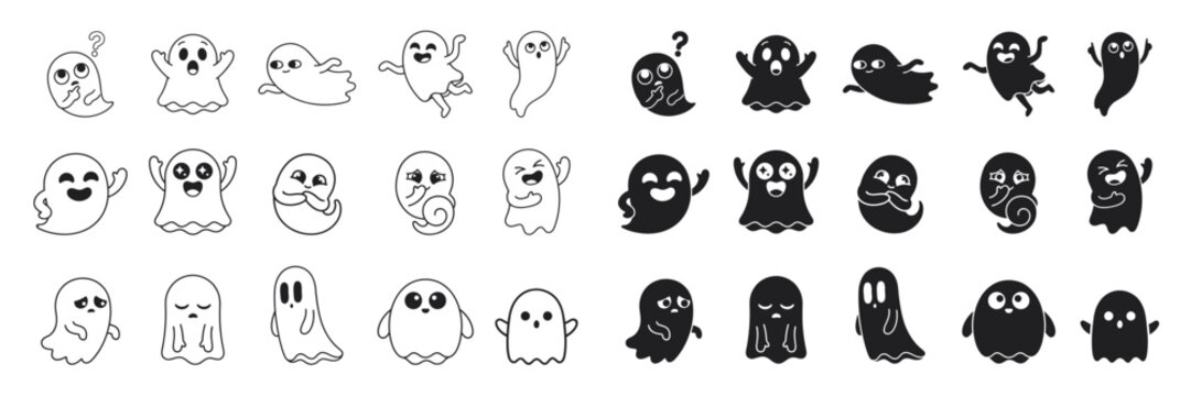 Cute ghost sticker set with black line and silhouette design featuring various funny cartoon phantom character emotions for halloween decoration.