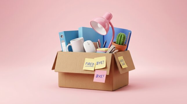 Cardboard box filled with office tools of an employee on a pink background.