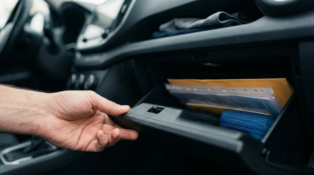 A driver opening the glovebox compartment to access documents.