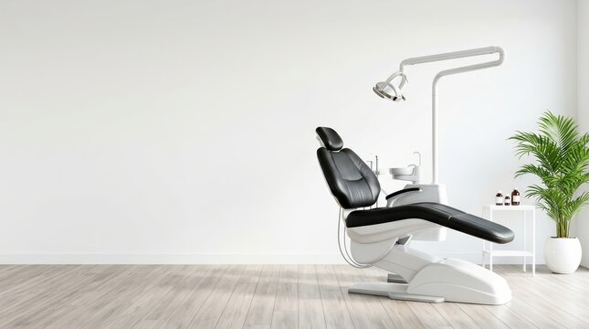 Modern dental chair in a clinic office interior with wall mockup copy space template.