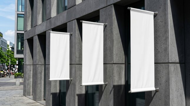 Modern building exterior with white signboard banners for product placement mockup.