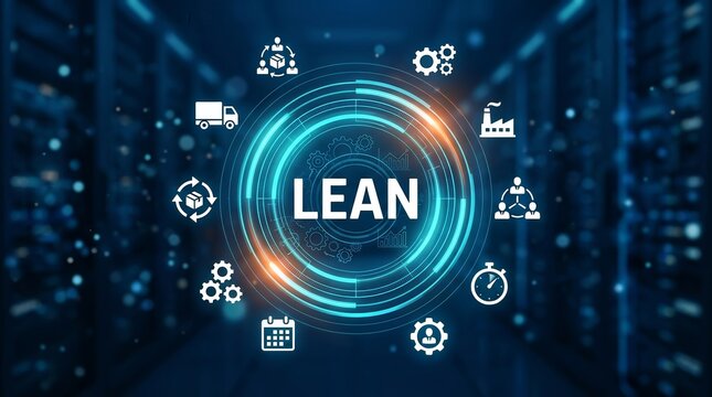 Lean management and business process improvement concept with digital icons.