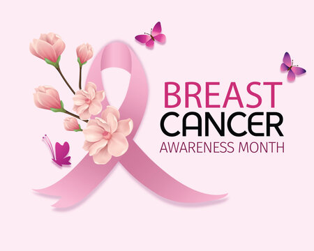 Breast Cancer Awareness Month Ribbon with Flowers and Butterflies Illustration