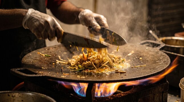 Action Shot of Street Food Chef Preparing Sri Lankan Kottu Roti on Hot Griddle