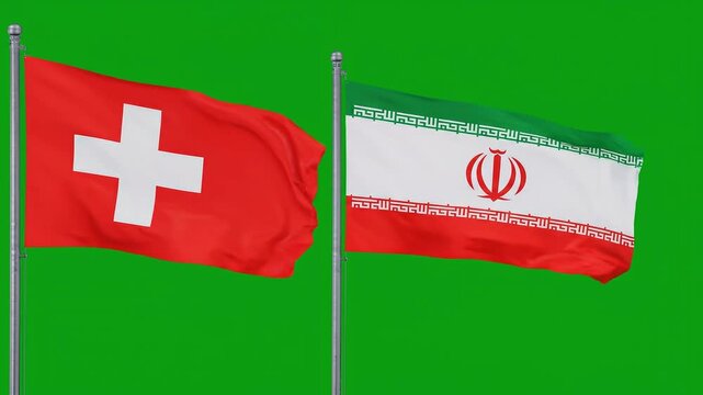 Flags of switzerland and iran waving side by side on green screen