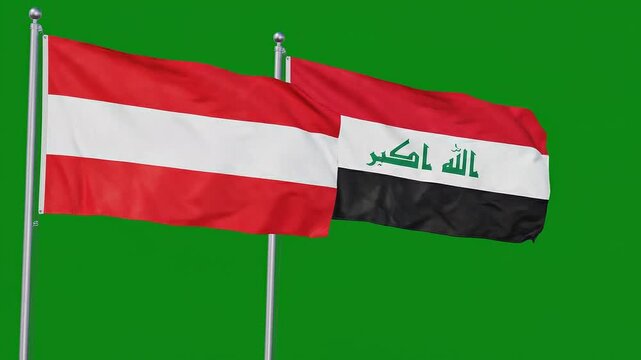 Flags of austria and iraq waving side by side on green screen