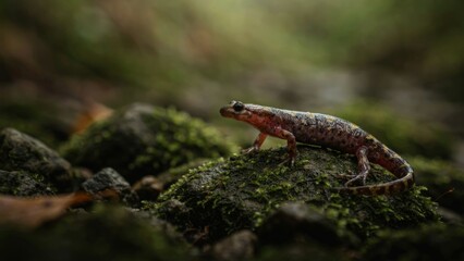 Fototapeta premium A small salamander resting on a mossy rock in a dark forest.