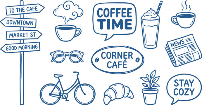 Hand Drawn Coffee Shop Cafe Icon Illustration Lettering Set
