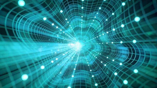 Animation starting glowing tubular lattice moving along teal tunnel axis, showing data flow to core