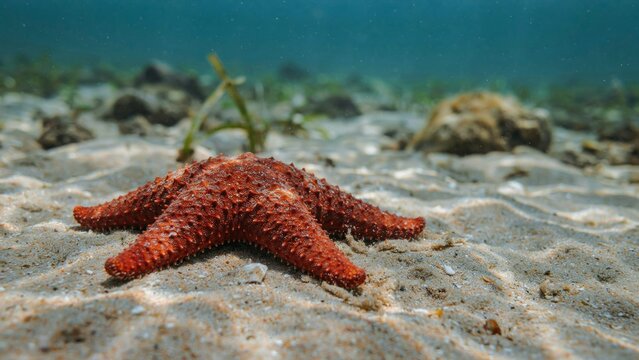 A vibrant red starfish resting on the sandy ocean floor underwater.