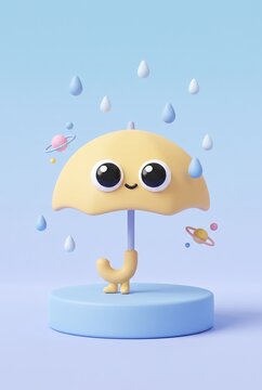 Cute yellow umbrella character under falling raindrops