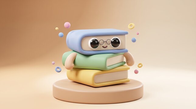 Cute 3D robot sitting on a stack of books