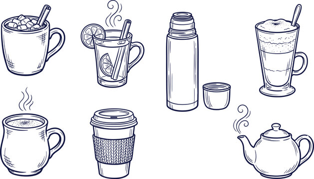 Hand Drawn Hot Winter Drinks Coffee Tea Cocoa Illustration Set